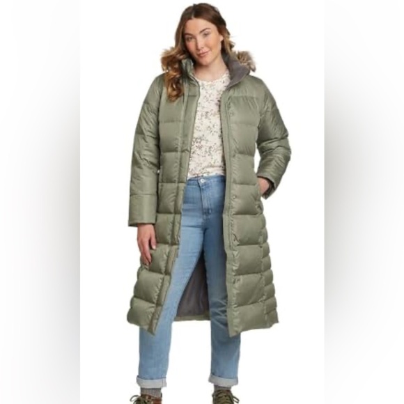 Eddie Bauer Lodge Down Duffle Coat Olive Green Hood Long Puffer SZ M Winter - Picture 1 of 15